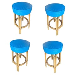 Restored Single Stand Arched Rattan Bar Stool w/ Teal Green Seat, Set of Four