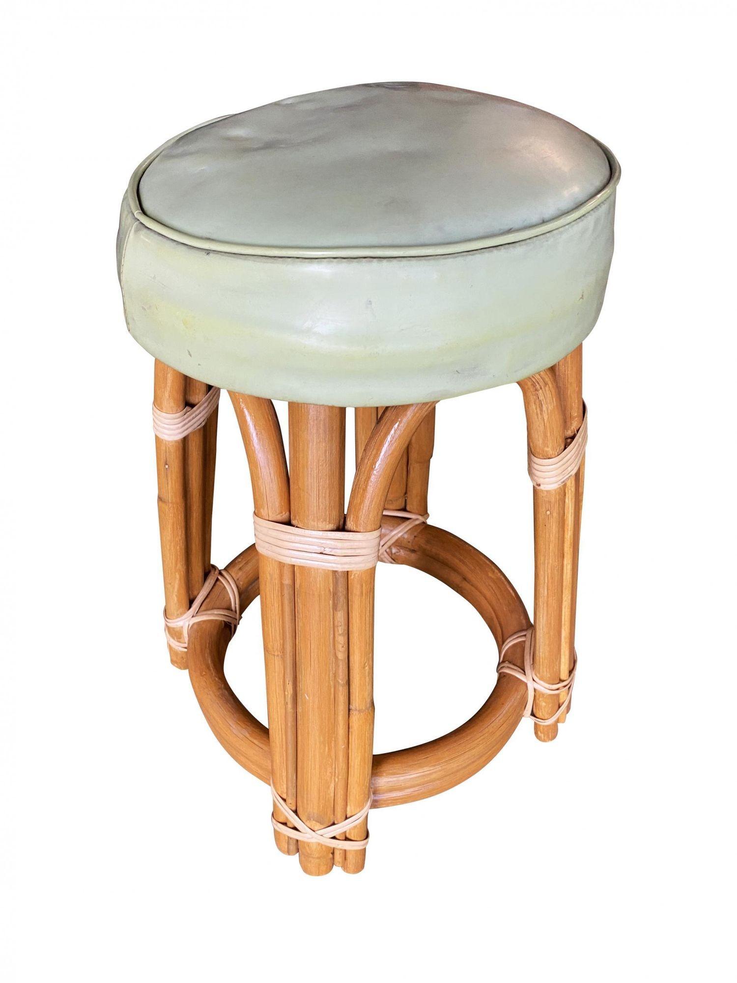 American Restored Single Stand Arched Rattan Vanity Stool W/ Teal Seat For Sale