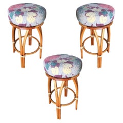 Vintage Restored Single Stand "Poof" Swivel Rattan Bar Stool, Set of 3