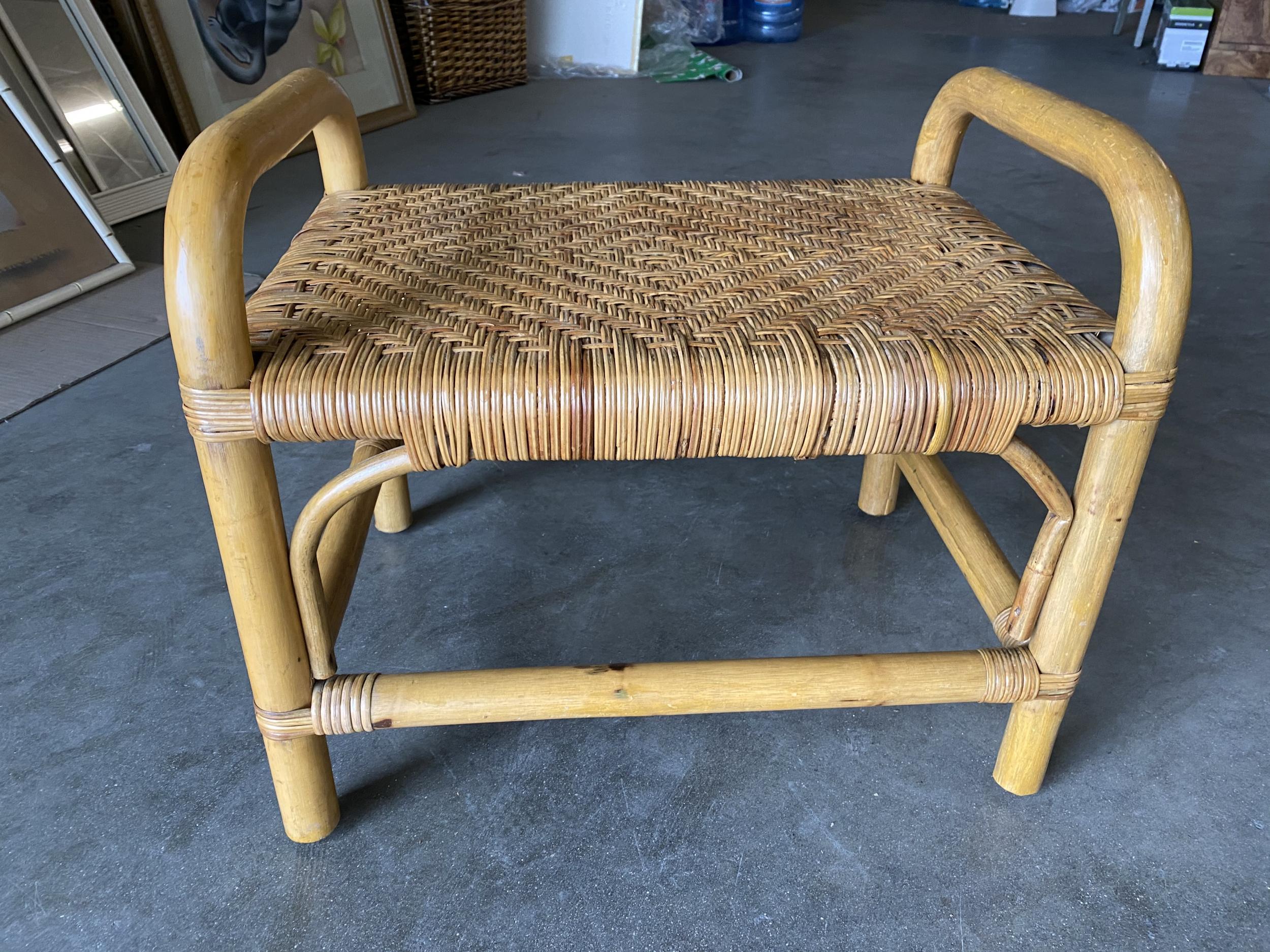 American Restored Single Stand Rattan Staple Side Ottoman Stool with Woven Wicker Seat