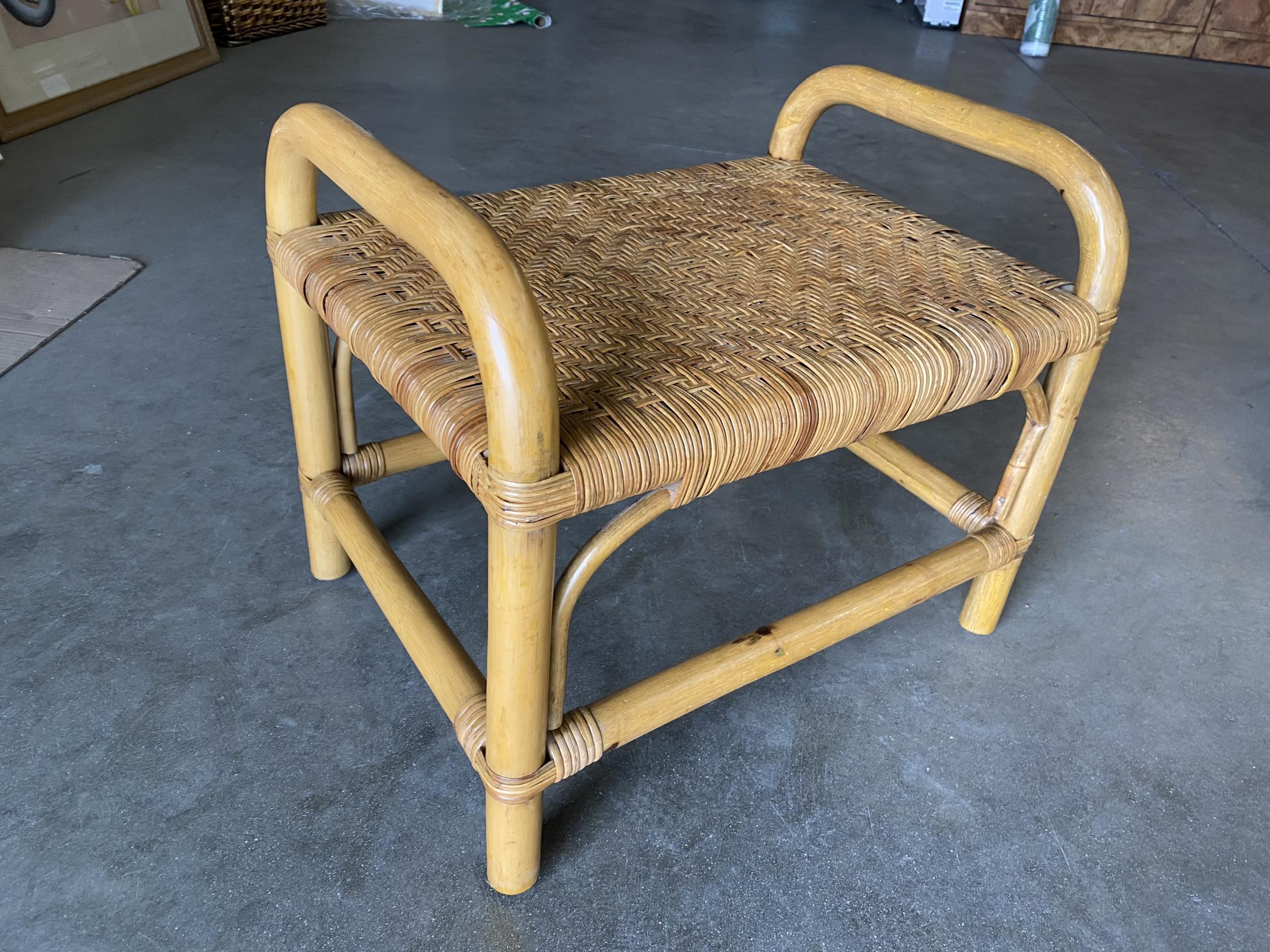 Restored Single Stand Rattan Staple Side Ottoman Stool with Woven Wicker Seat In Excellent Condition In Van Nuys, CA