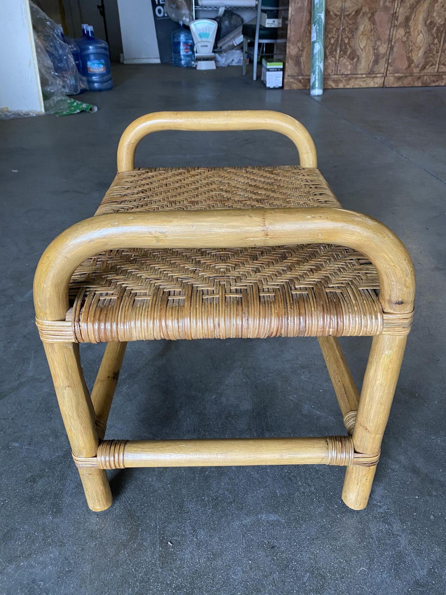 Mid-20th Century Restored Single Stand Rattan Staple Side Ottoman Stool W Woven Wicker Seat For Sale