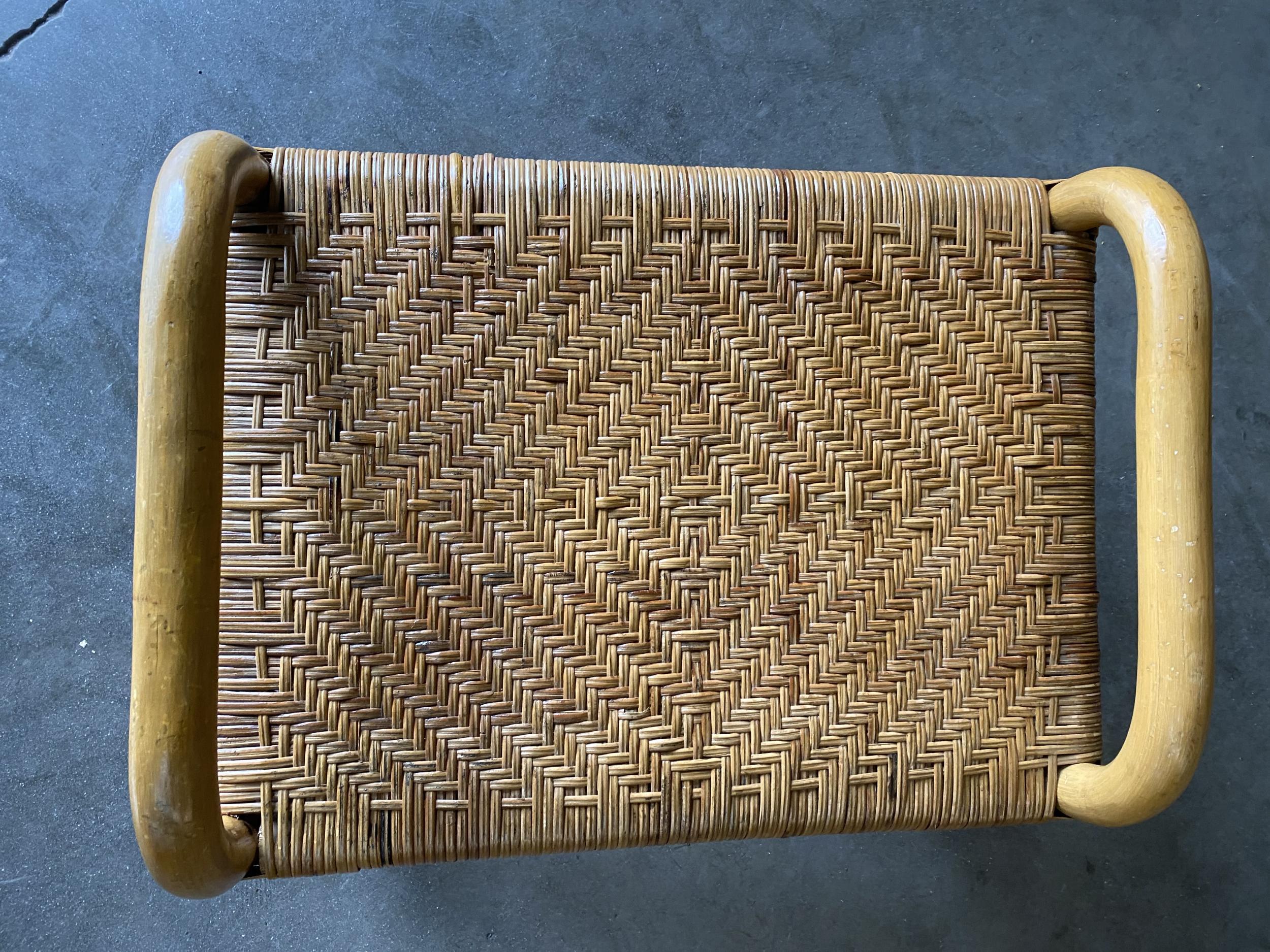 Restored Single Stand Rattan Staple Side Ottoman Stool with Woven Wicker Seat 1