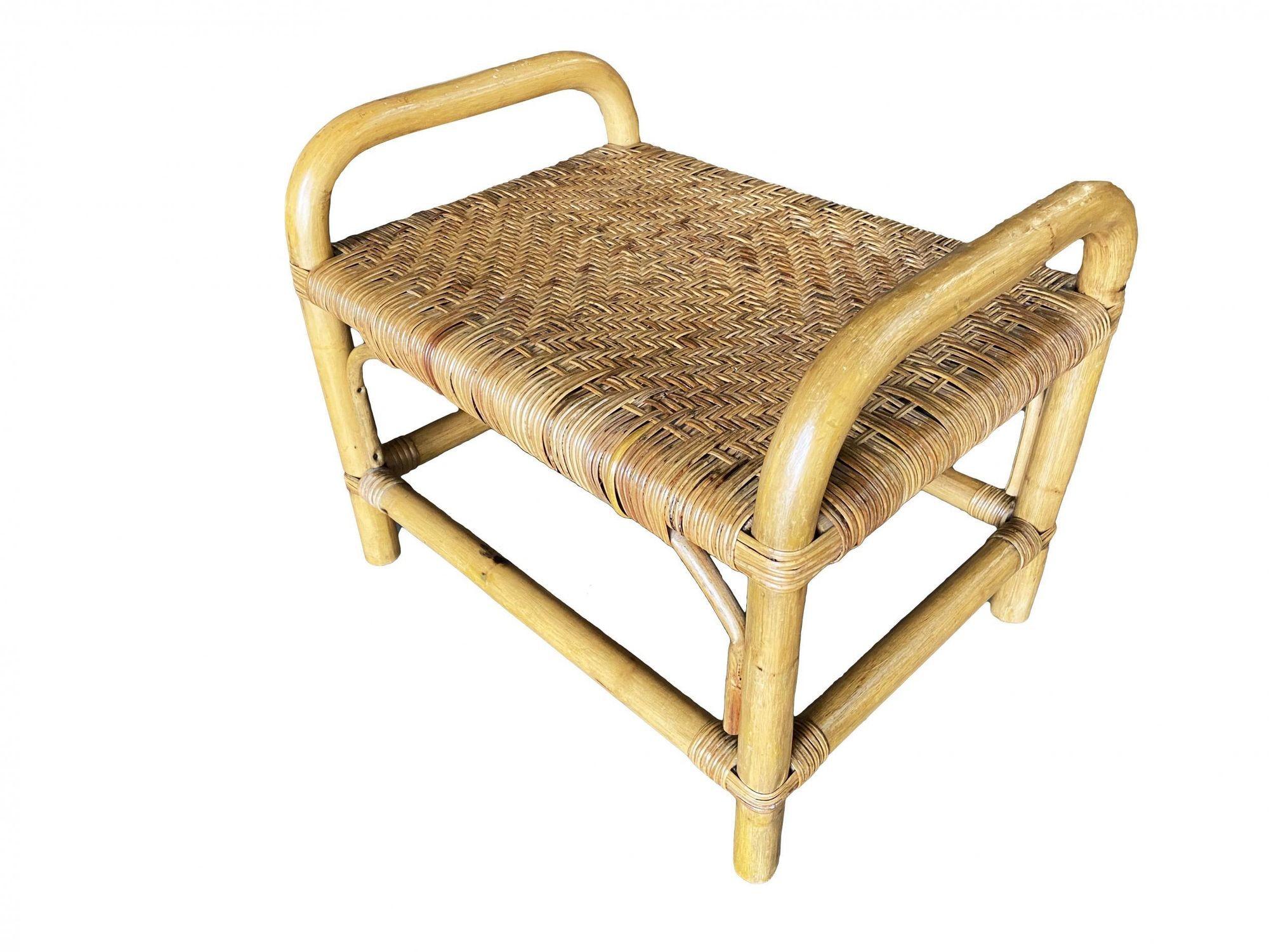 Restored Single Stand Rattan Staple Side Ottoman Stool W Woven Wicker Seat For Sale 2