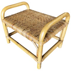 Restored Single Stand Rattan Staple Side Ottoman Stool with Woven Wicker Seat
