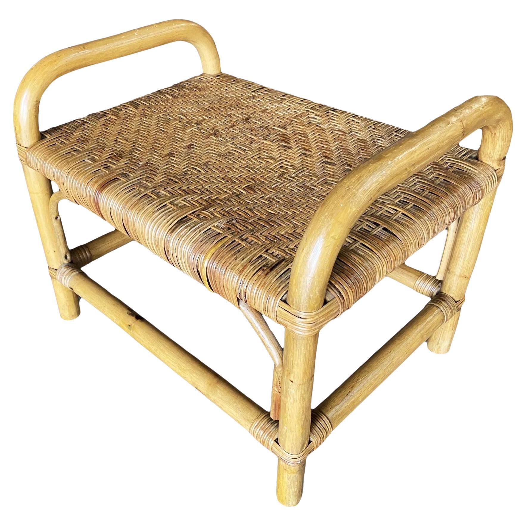 Restored Single Stand Rattan Staple Side Ottoman Stool W Woven Wicker Seat For Sale