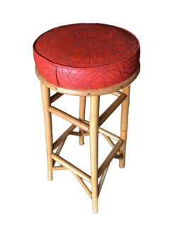 Restored Single Strand Ladder Side Rattan Bar Stool w/ Cushions, Set of 3
