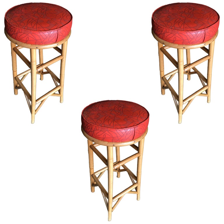 Red Single Strand Ladder Side, Rattan Counter Stool With Cushion