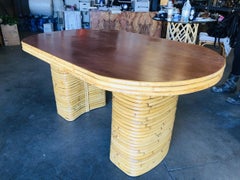 Restored Six Person Oval Stacked Rattan and Mahogany Dining Table
