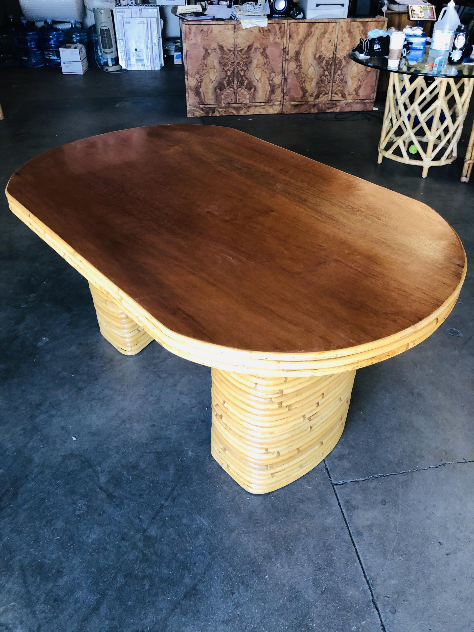Restored Six Person Oval Stacked Rattan and Mahogany Dining Table In Excellent Condition In Van Nuys, CA