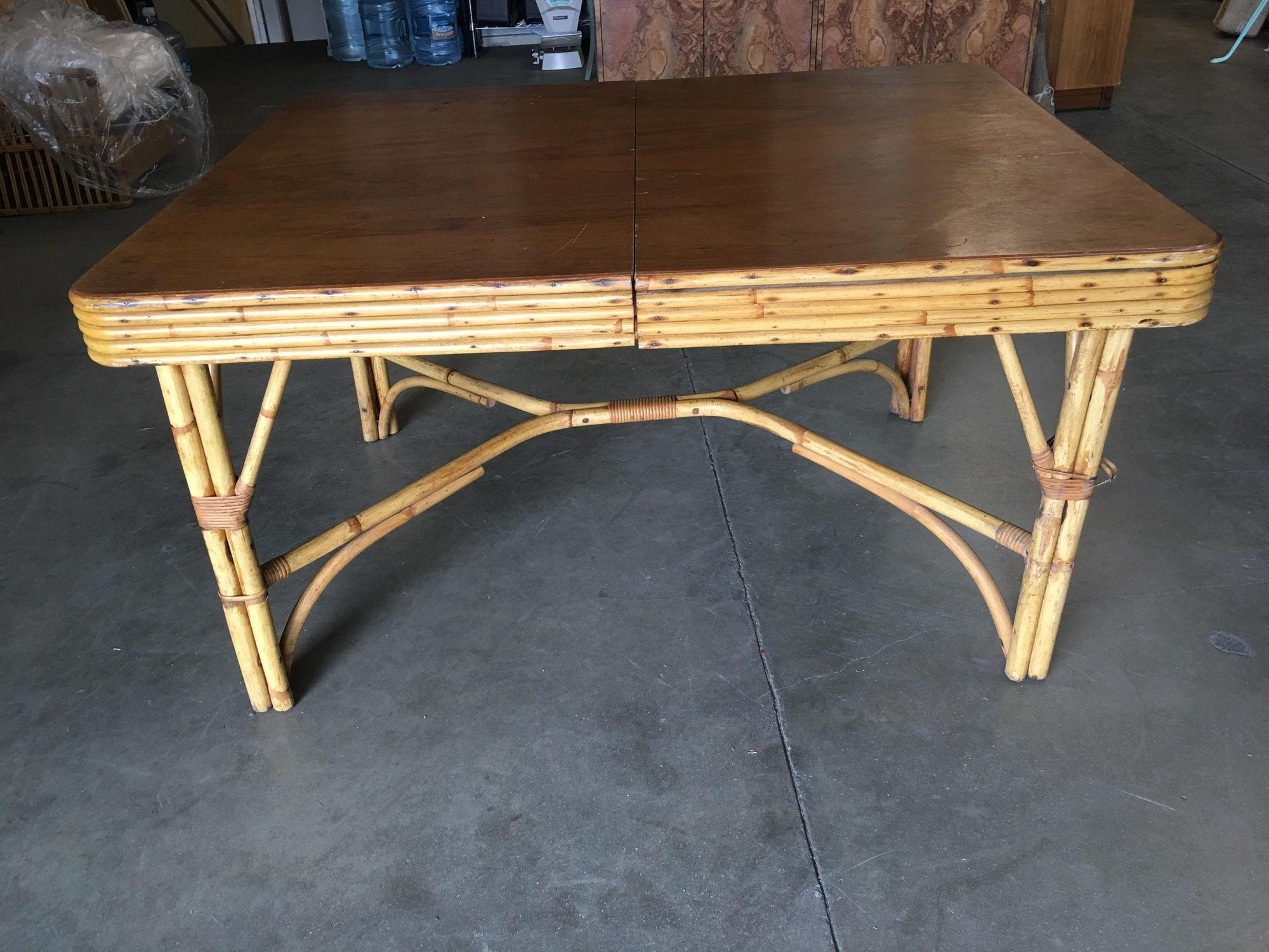 Mid-Century Modern Restored Six Person Rattan Dining Table W/ Stacked Mahogany Top For Sale