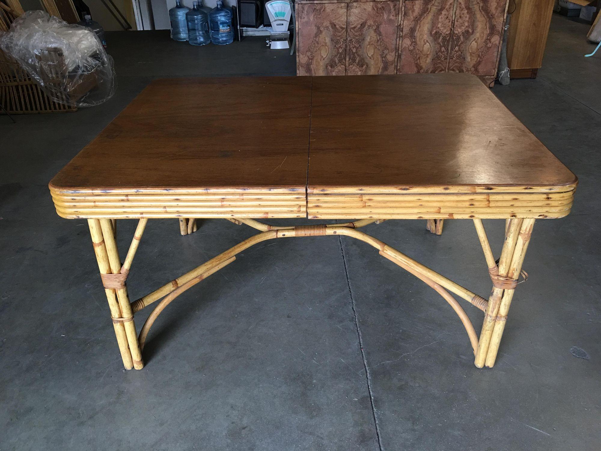 American Restored Six Person Rattan Dining Table W/ Stacked Mahogany Top For Sale