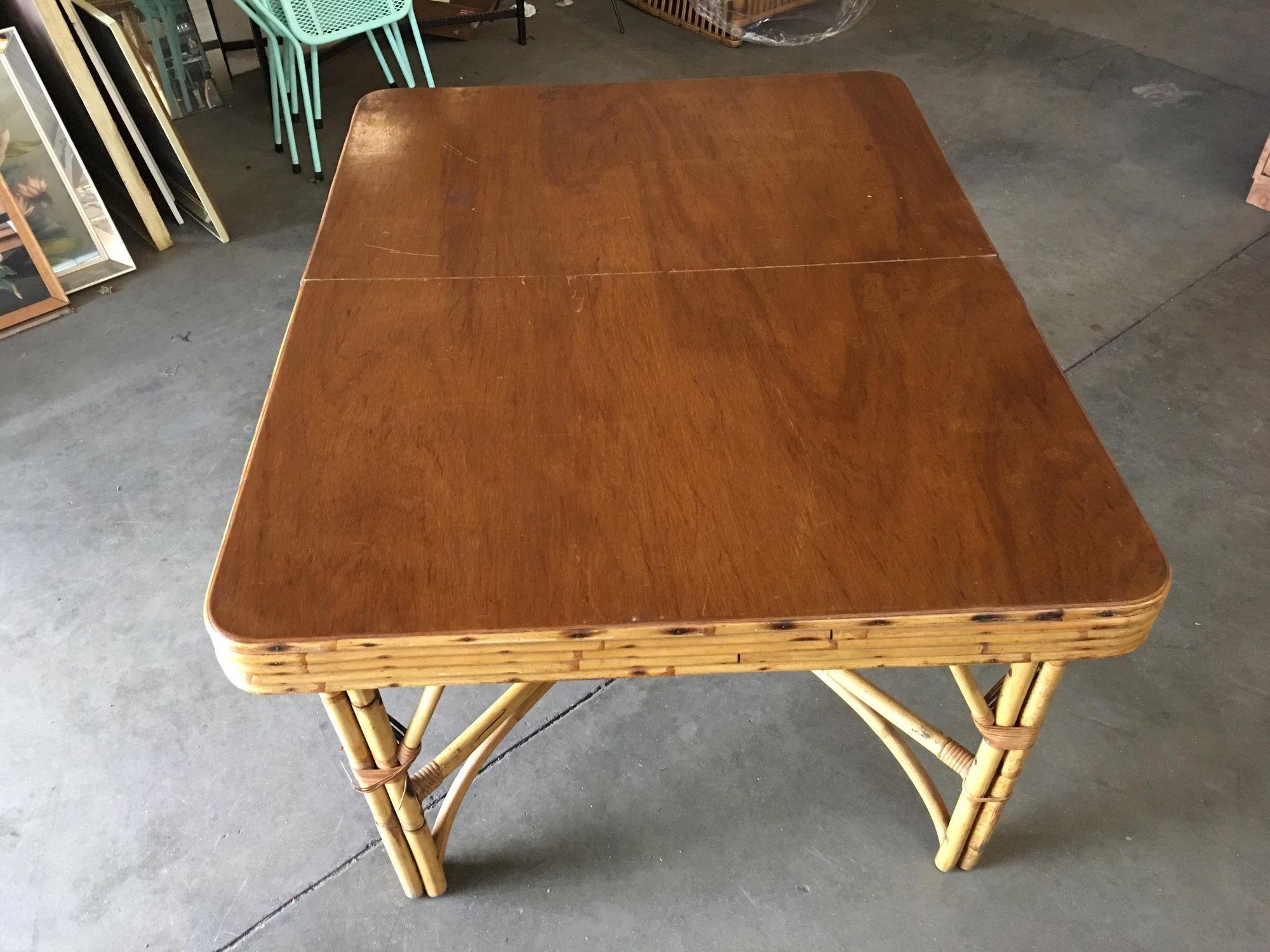 Mid-20th Century Restored Six Person Rattan Dining Table W/ Stacked Mahogany Top For Sale