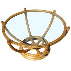 Restored Six-Pole Rattan Coffee Table w/ Floating Glass Top