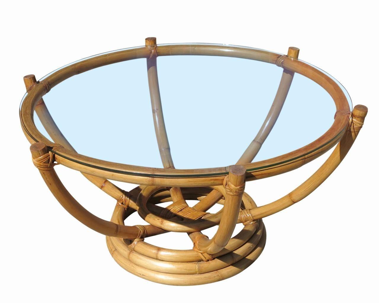 Mid-Century Modern Restored Six-Pole Rattan Coffee Table W/ Floating Glass Top For Sale