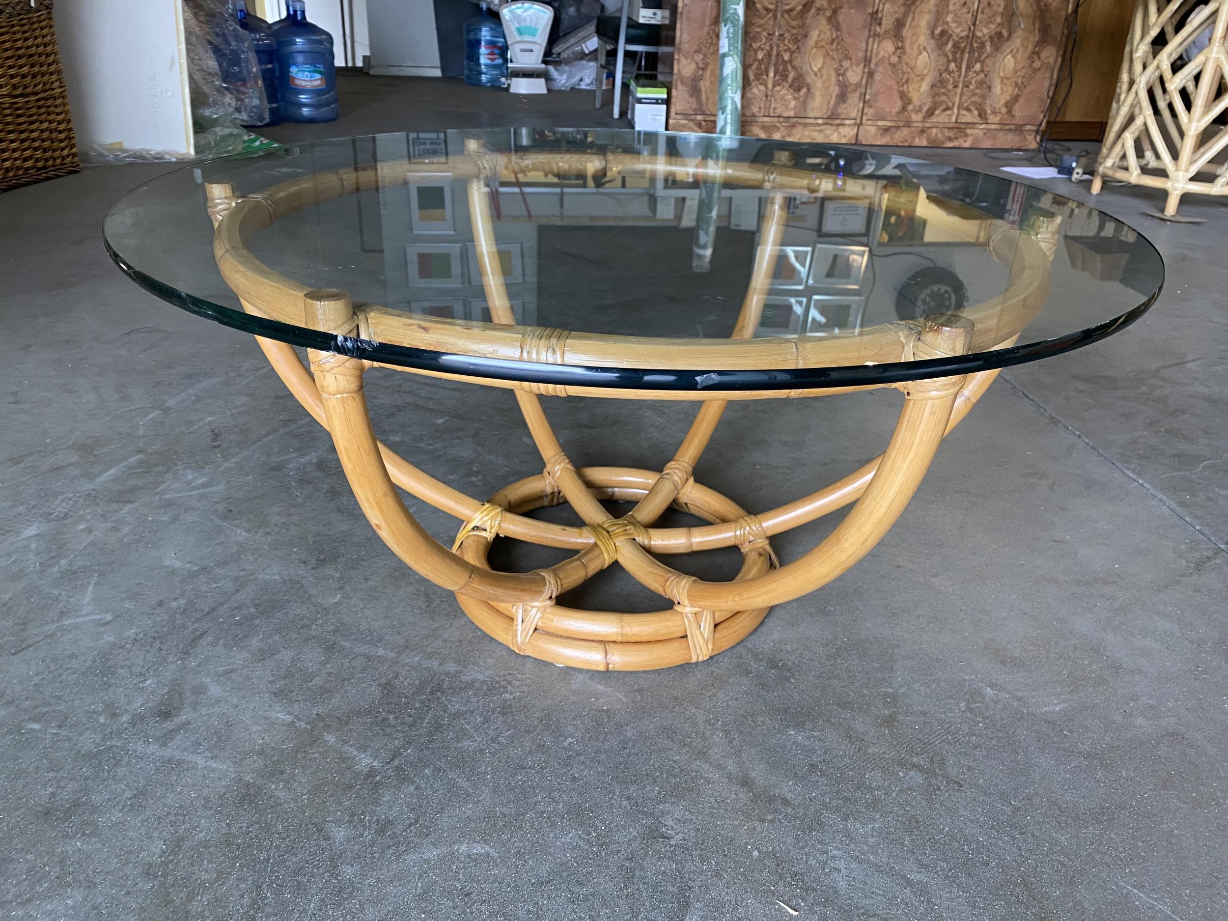 American Restored Six-Pole Rattan Coffee Table with Floating Glass Top
