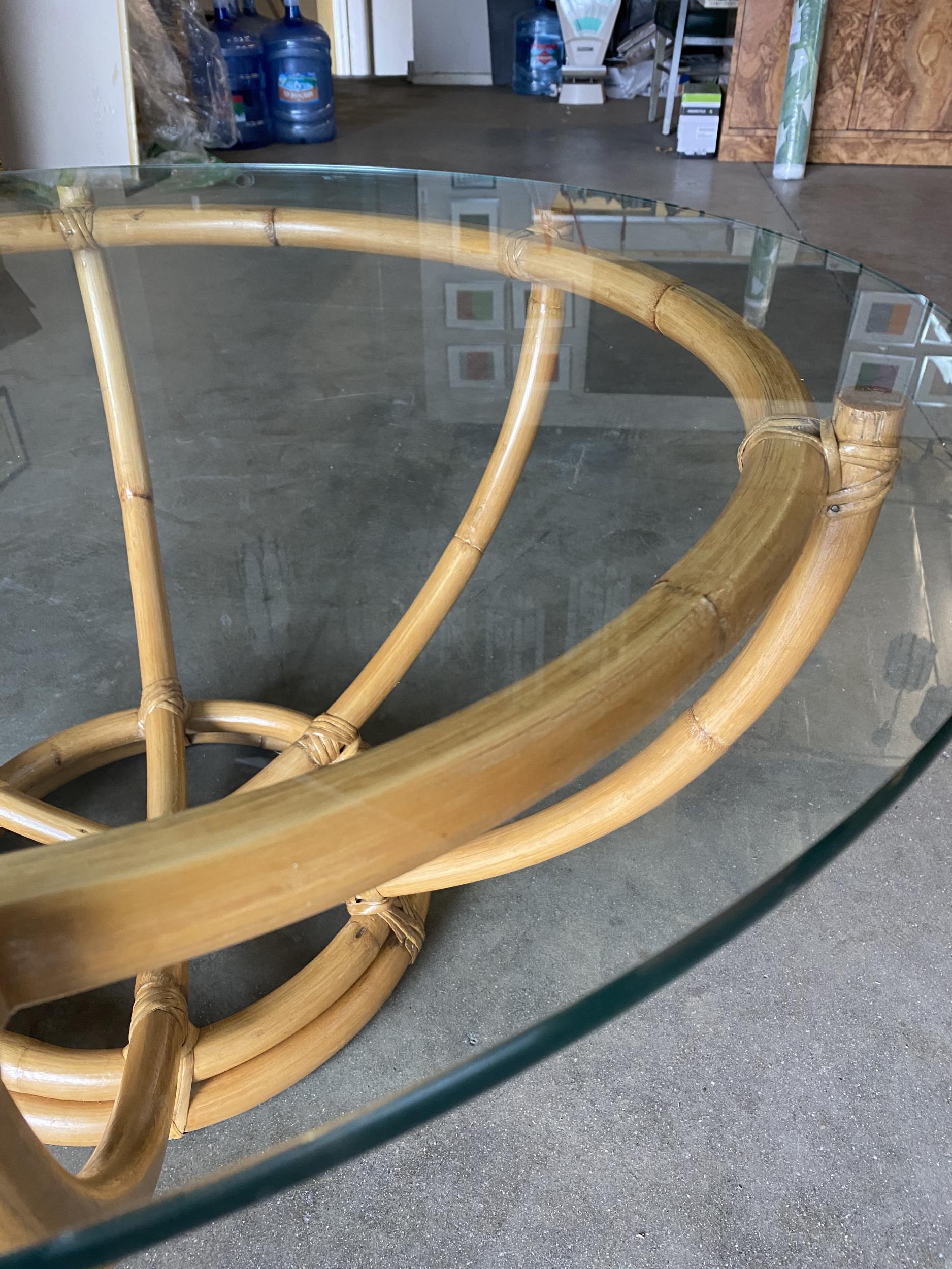 Restored Six-Pole Rattan Coffee Table with Floating Glass Top 2