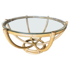 Restored Six-Pole Rattan Coffee Table with Floating Glass Top