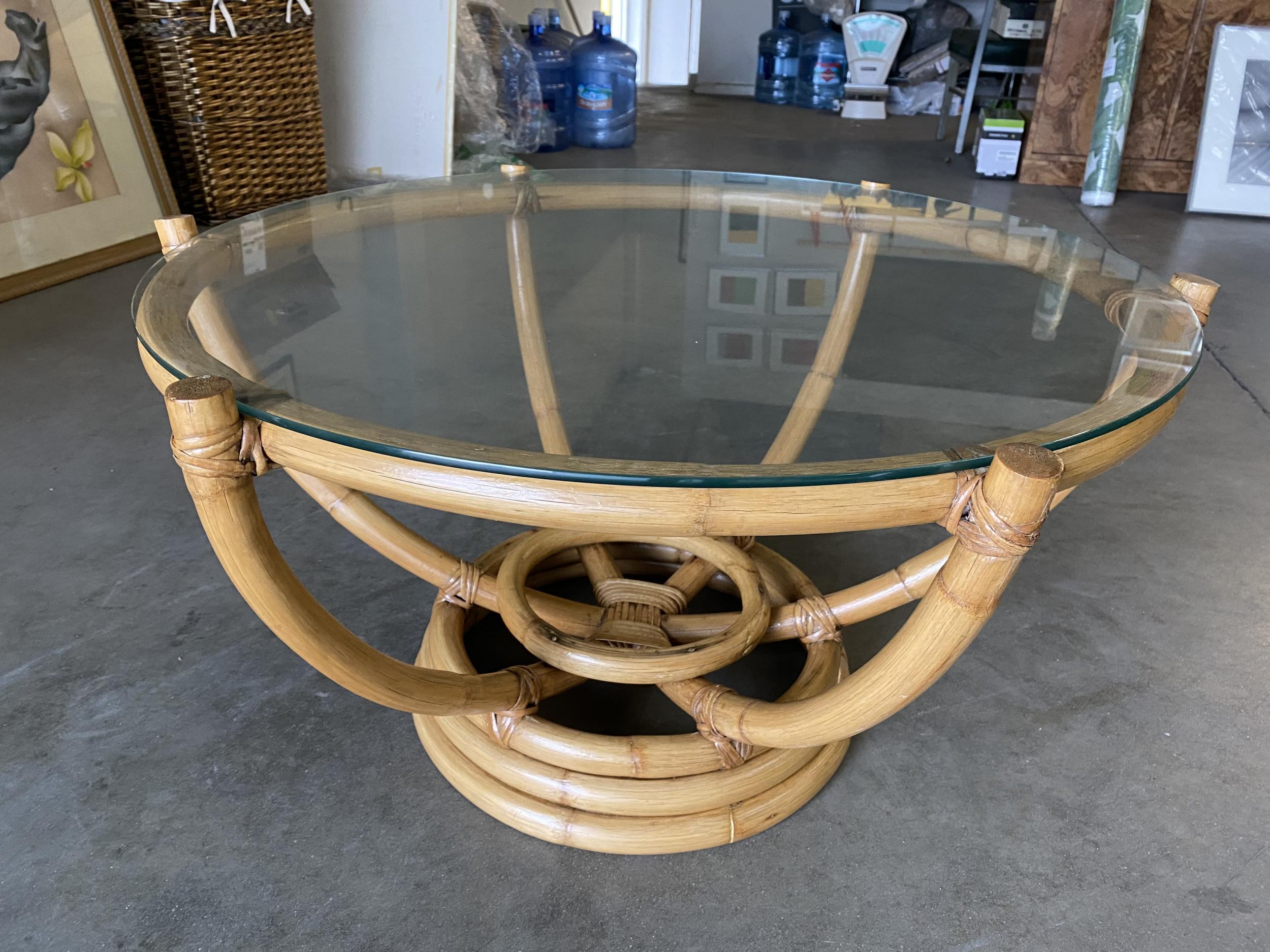 American Restored Six-Pole Rattan Stacked Base Coffee Table with Floating Glass Top