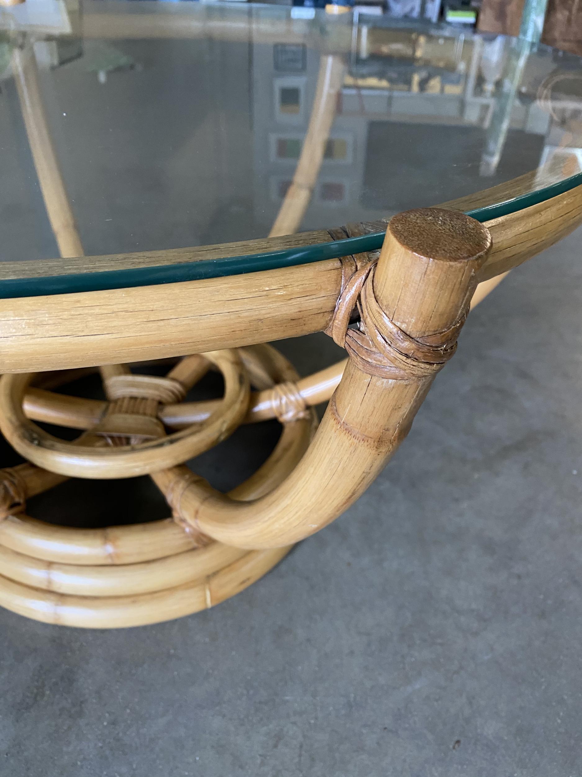 Mid-20th Century Restored Six-Pole Rattan Stacked Base Coffee Table with Floating Glass Top
