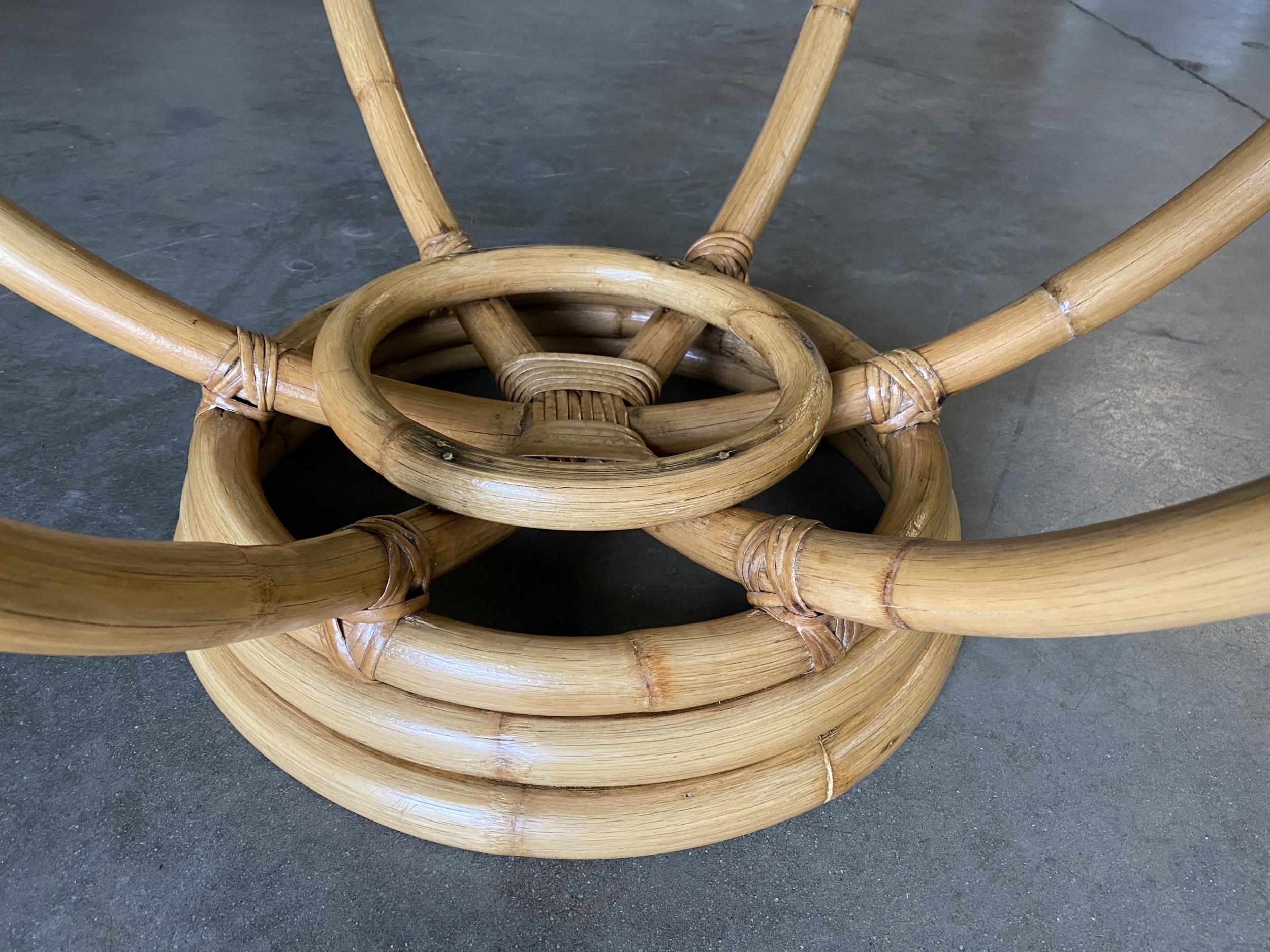 Restored Six-Pole Rattan Stacked Base Coffee Table with Floating Glass Top 1