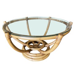 Restored Six-Pole Rattan Stacked Base Coffee Table with Floating Glass Top