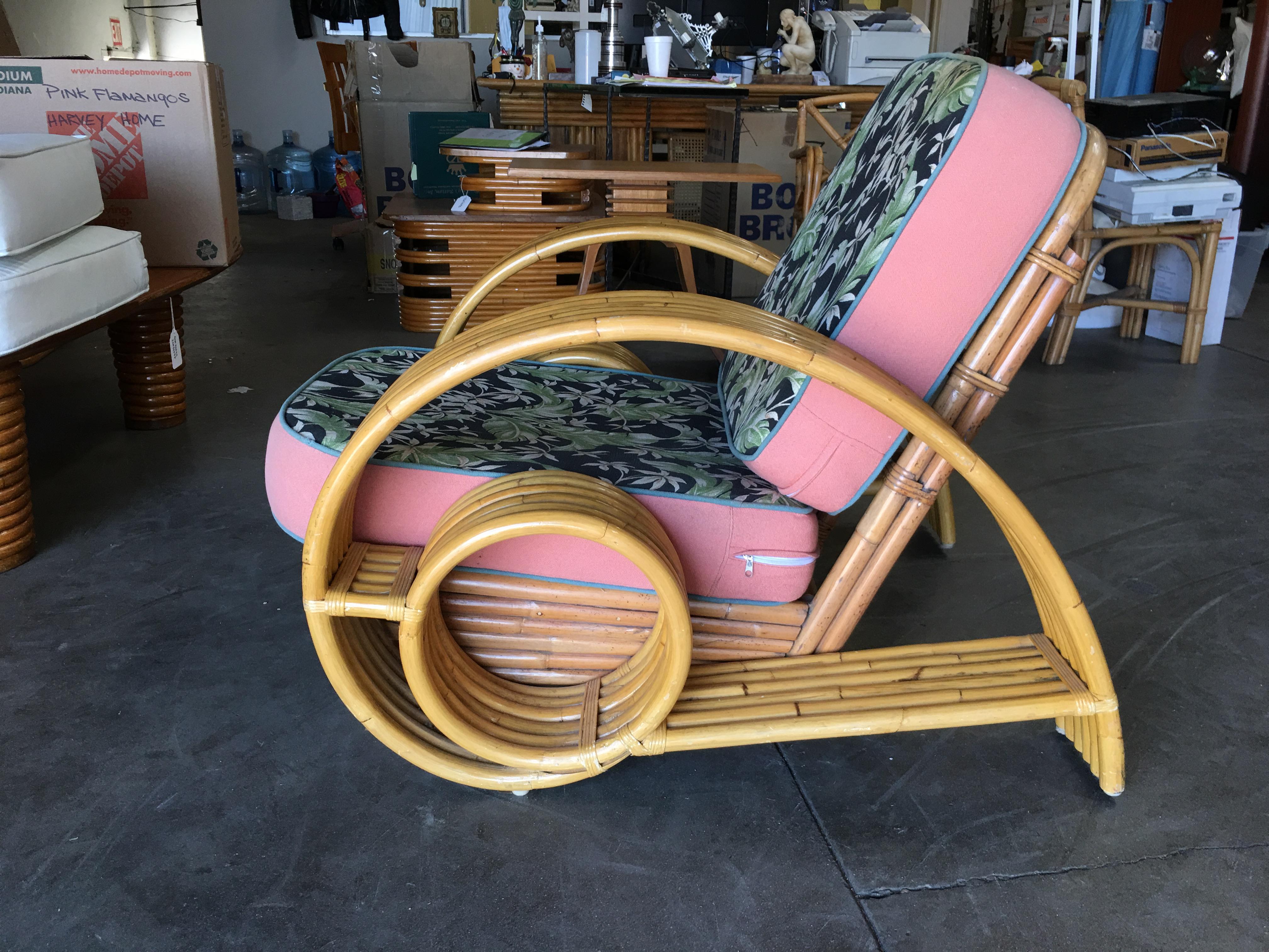 Restored Six Strand Circles and Speed Rattan Lounge Chair with Ottoman 2