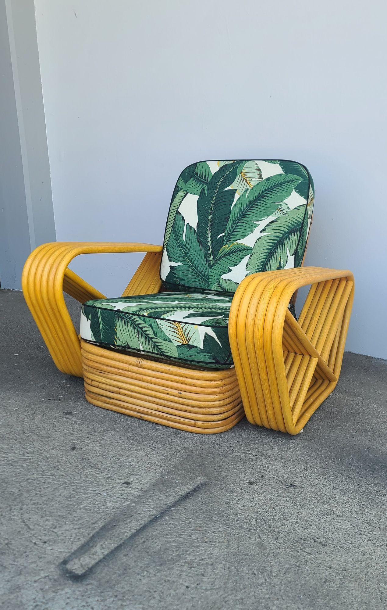 American Restored 6-Strand Square Pretzel Rattan Lounge Chair w/ Martinique Palm Cushions For Sale