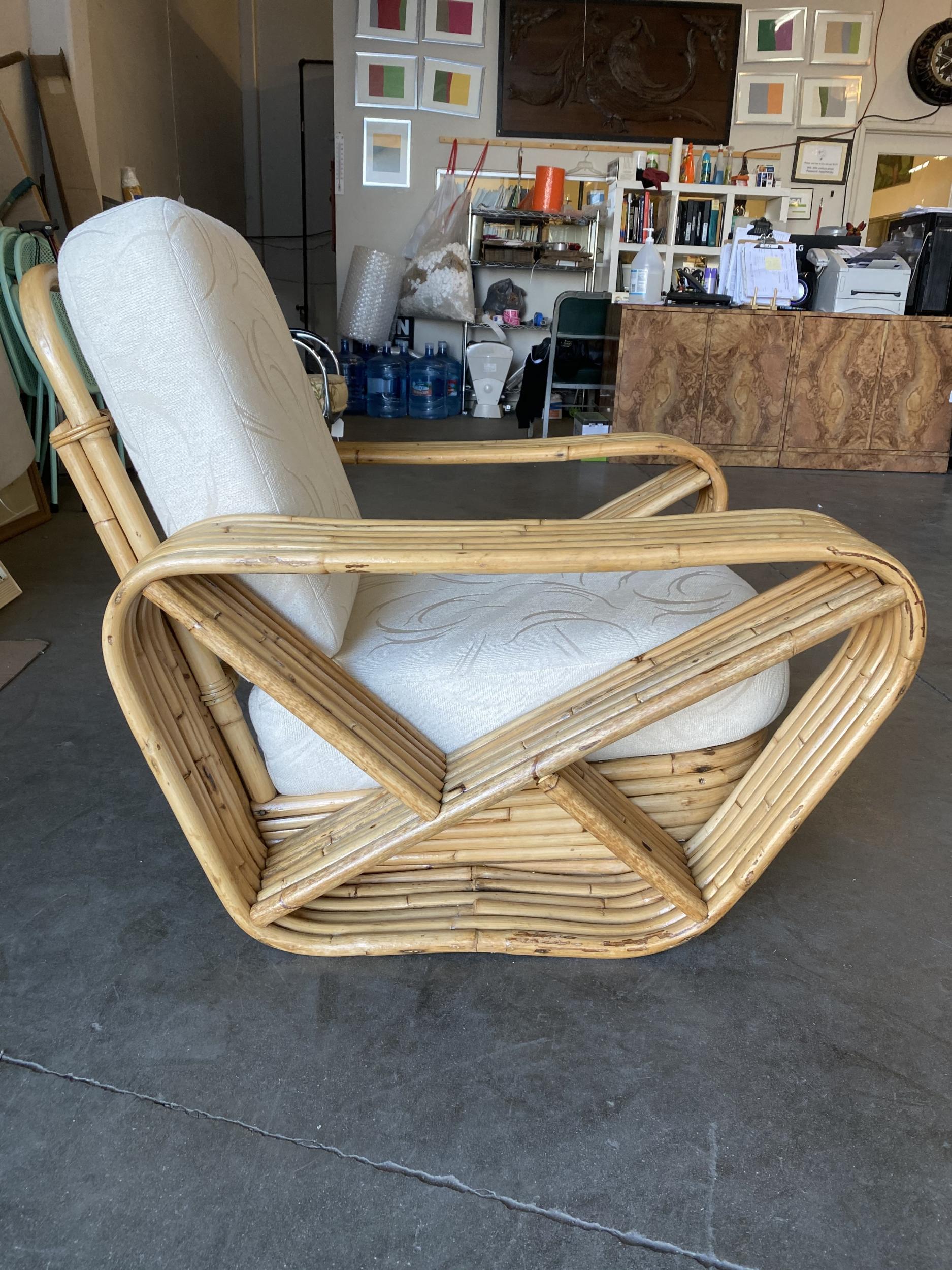 Restored Six-Strand Square Pretzel Rattan Lounge Chair w/ Ottoman In Excellent Condition In Van Nuys, CA