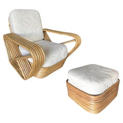 Retro Restored Six-Strand Square Pretzel Rattan Lounge Chair with Ottoman