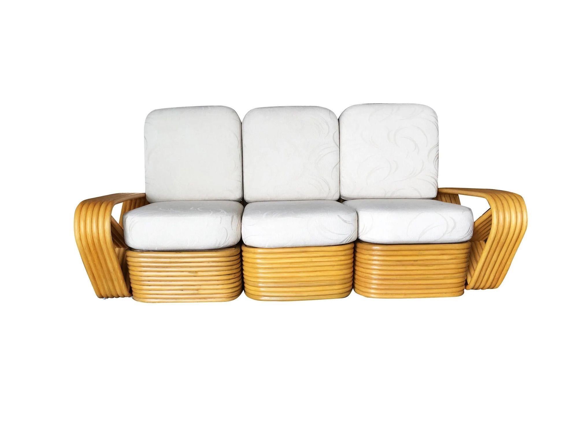 Mid-20th Century Restored Six-Strand Square Pretzel Rattan Sofa and Lounge Chair Set For Sale