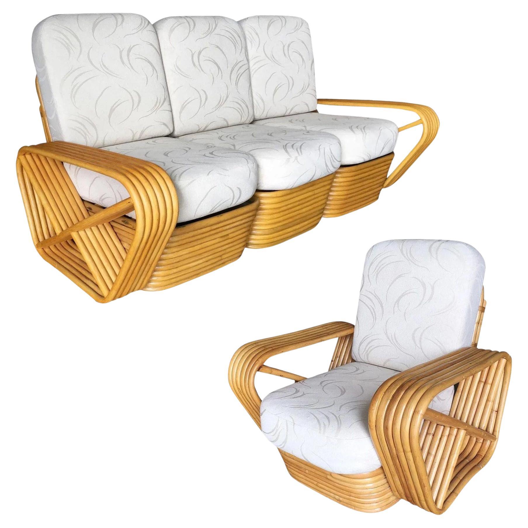 Restored Six-Strand Square Pretzel Rattan Sofa and Lounge Chair Set