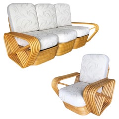 Used Restored Six-Strand Square Pretzel Rattan Sofa and Lounge Chair Set