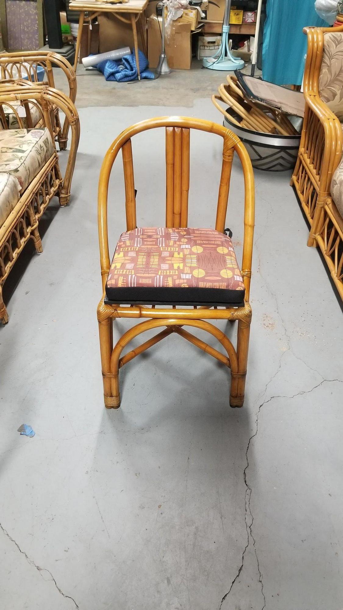 Restored Slat Back Rattan Dining Chairs and Armchairs Set of 6 For Sale 7