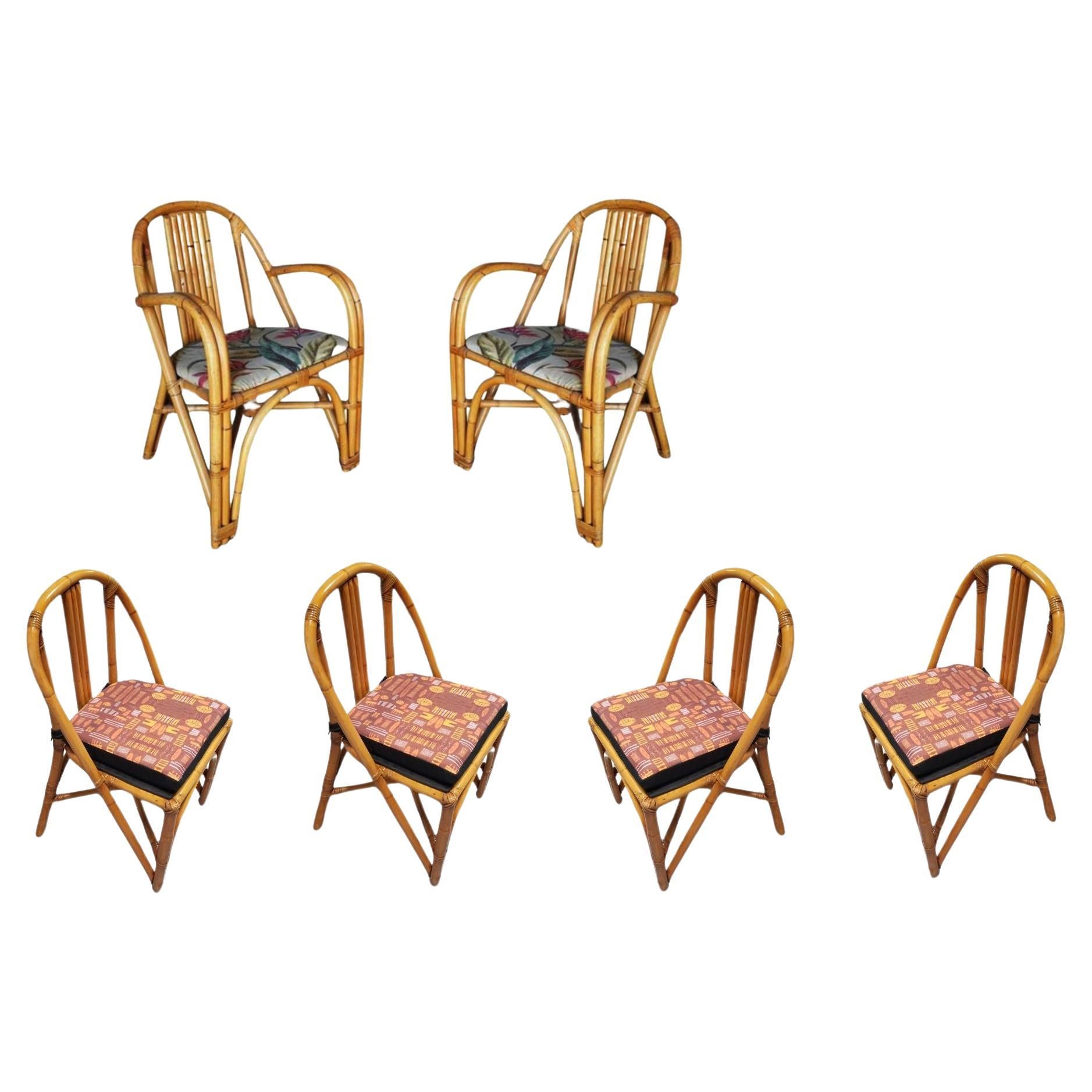 Restaurierte Rattan-Esszimmerstühle und Sessel mit Lattenrostrückenlehne, 6er-Set