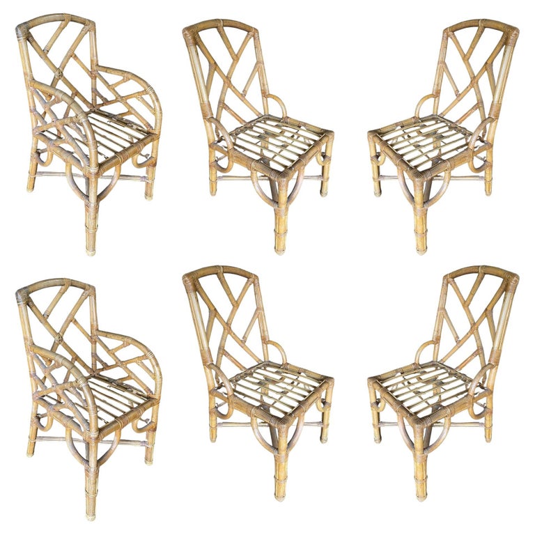 Restored Slat Leg Rattan Dining Chair by Paul frankl, Set of S For Sale