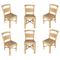 Restored Slat Legs and Back Rattan Dining Chair, Set of Six