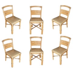 Restored Slat Legs and Back Rattan Dining Chair, Set of Six