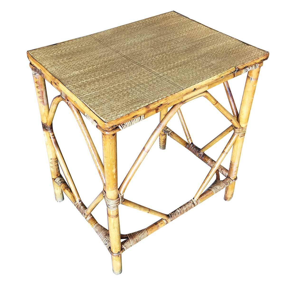 North American Restored Small Rattan Side Table with Diamond Sides