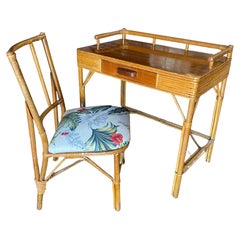 Vintage Restored Split Rattan and Mahogany Secretary Desk with Chair