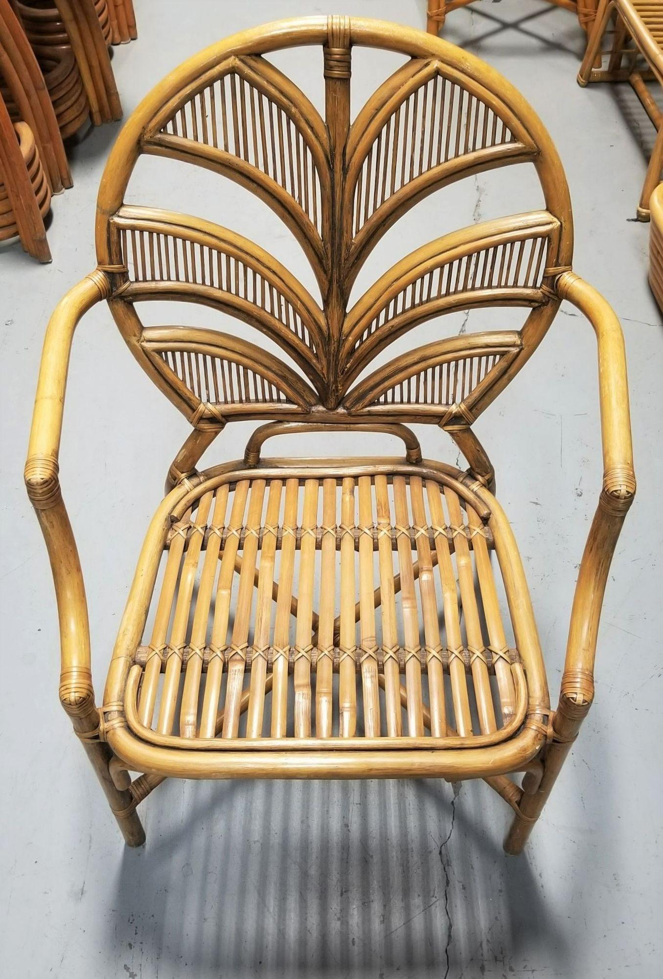 Restored split reed rattan tropical botanical fan back chairs and glass top dining table or desk set.

Set of table and 2 chairs.

Chairs. Cushions Made to Order. Custom cushions in C.O.M. (Customer's Own Material) are available, for a small fee.