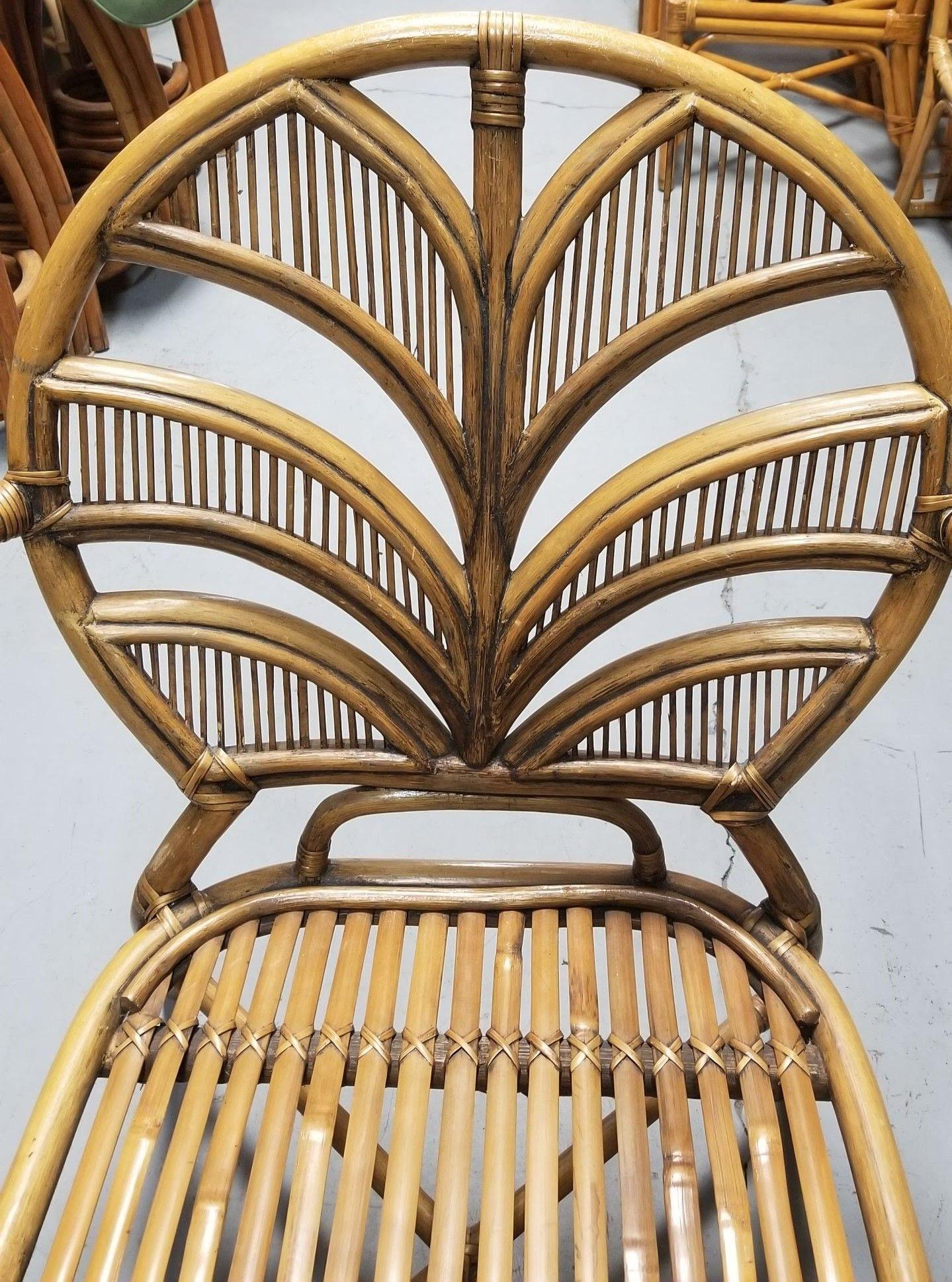 Restored Split Reed Rattan Fan Back Chairs and Glass Top Dining Table In Excellent Condition For Sale In Van Nuys, CA