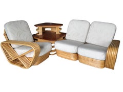 Restored MCM 6-Strand Square Pretzel 3 Seat Rattan Corner Sofa w/ Table