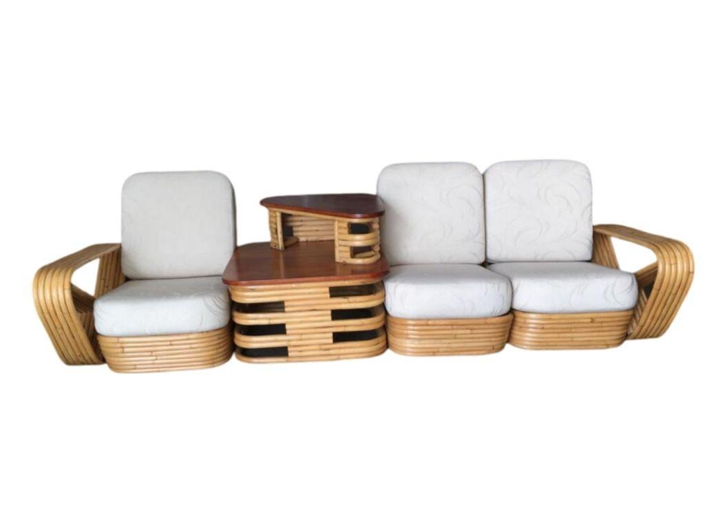 Mid-Century Modern Restored Square Pretzel 3 Seat Rattan Corner Sofa w/ Table For Sale
