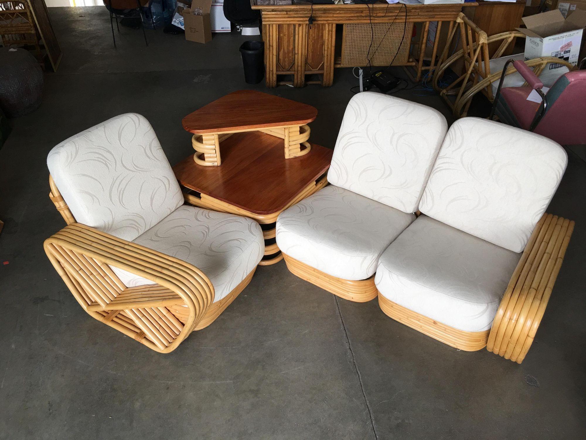 Mid-Century Modern Restored Square Pretzel 3 Seat Rattan Corner Sofa W/ Table For Sale