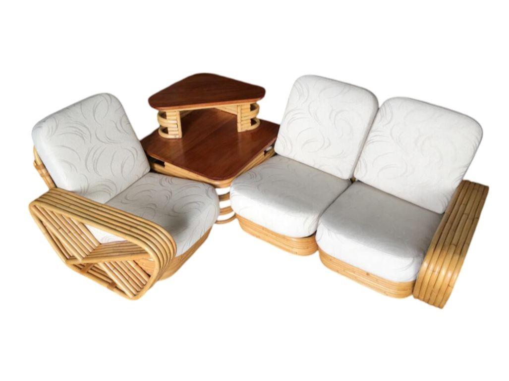 American Restored Square Pretzel 3 Seat Rattan Corner Sofa w/ Table For Sale