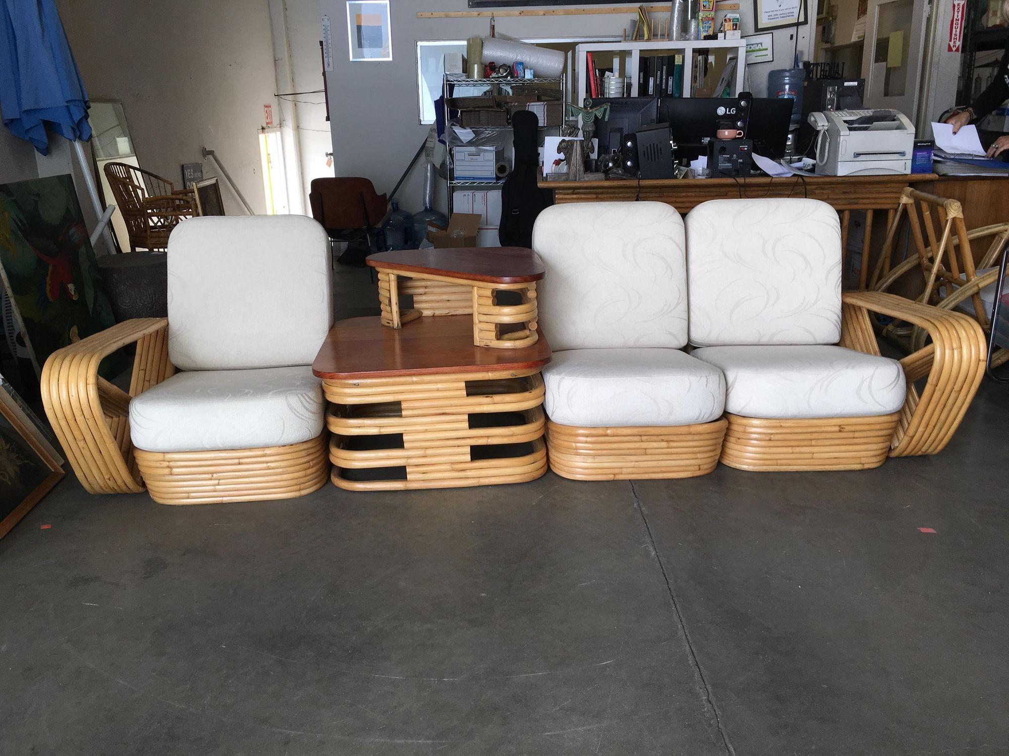 Restored Square Pretzel 3 Seat Rattan Corner Sofa W/ Table In Excellent Condition For Sale In Van Nuys, CA