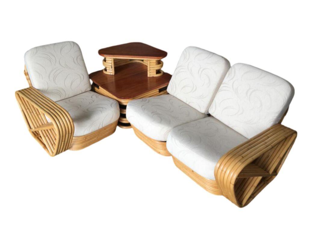 Mid-20th Century Restored Square Pretzel 3 Seat Rattan Corner Sofa w/ Table For Sale
