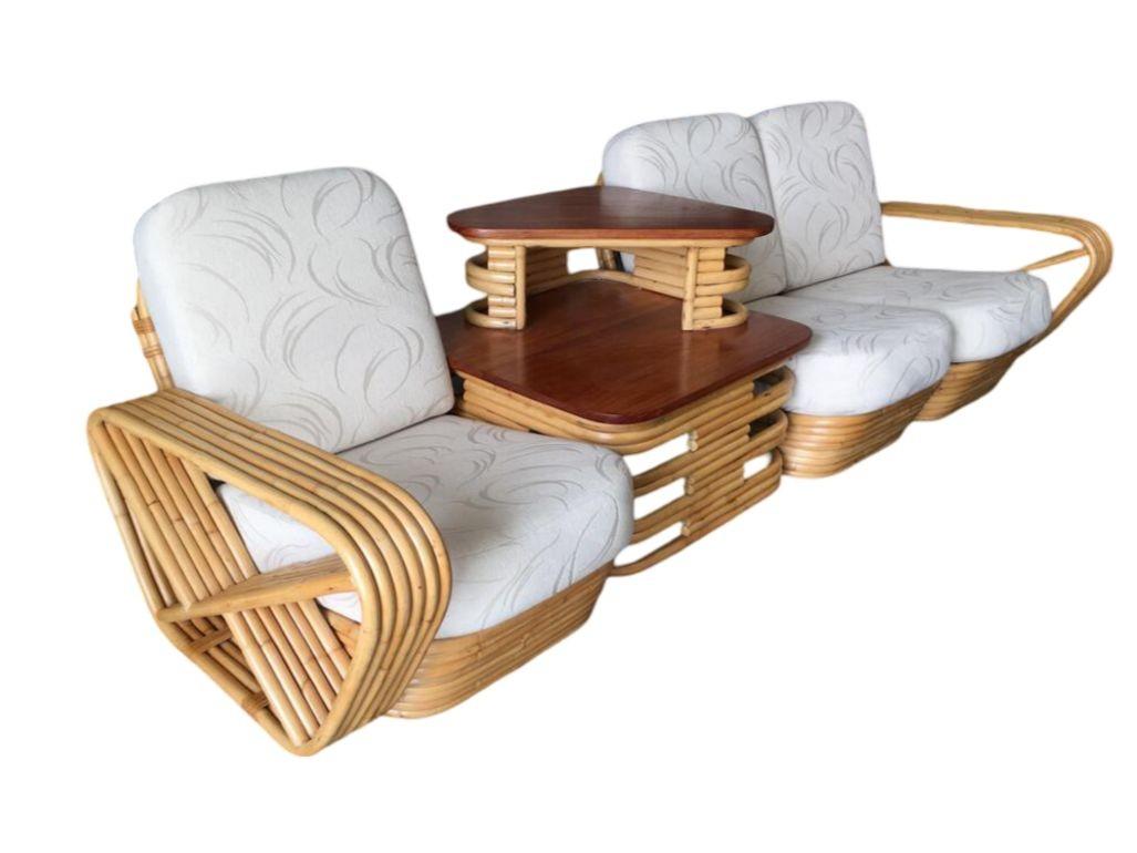 Restored Square Pretzel 3 Seat Rattan Corner Sofa w/ Table For Sale 1