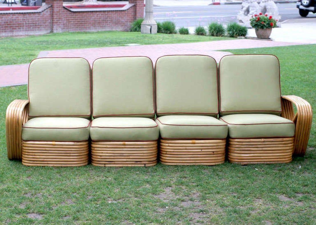 Square Pretzel Rattan Sectional Sofa designed by Paul Frankl. This sofa features a Stacked Rattan base with 6-strand Square Pretzel arms and is divided into 4 personal sectionals.
 
Measurements- 32